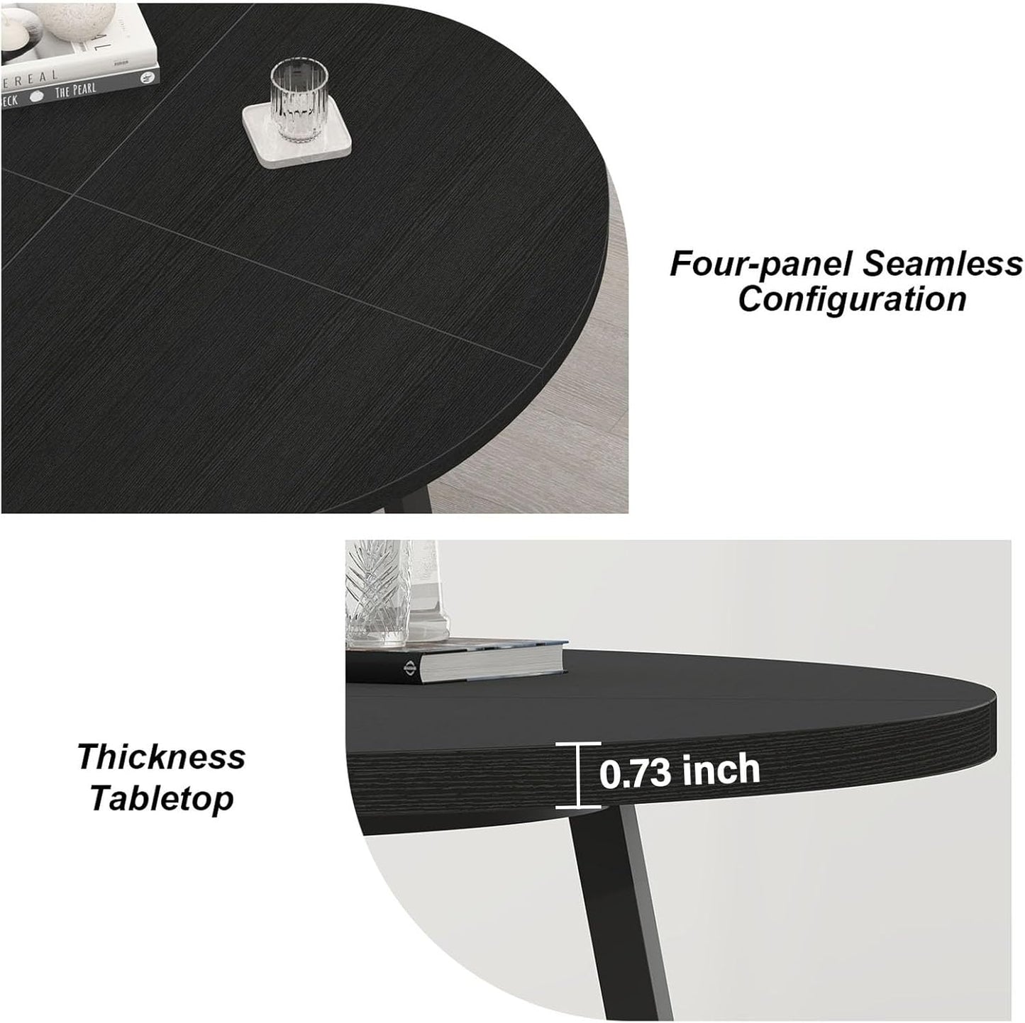 Black round Dining Table, Modern Wood Metal Kitchen Table, Industrial Small Dinner Room for 4 to 6 People, Circle Coffee Dining Room for Home Kitchen Living Room, Black Oak, 51 Inch