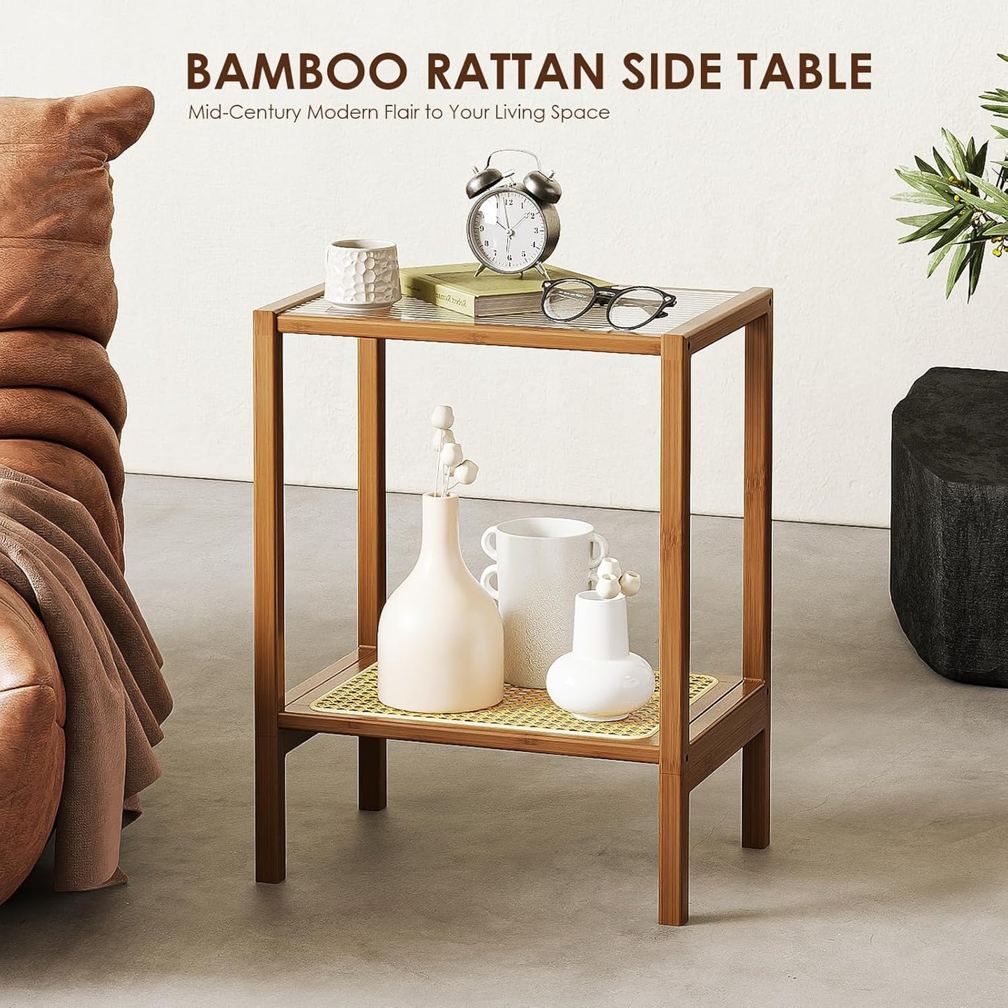 Rattan Side Table Living Room Glasstop Night Stand Boho End Table 2-Tier with Storage Mid Century Modern Bedside Table for Small Spaces Narrow Coffee Table Bamboo