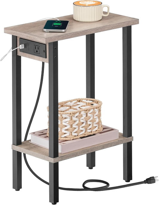 Small End Table with Charging Station, Narrow Side Table with USB Port and Outlets, Skinny Sofa Table, Slim Nightstand, Living Room, Bedroom, Greige and Black BG240UBZ01
