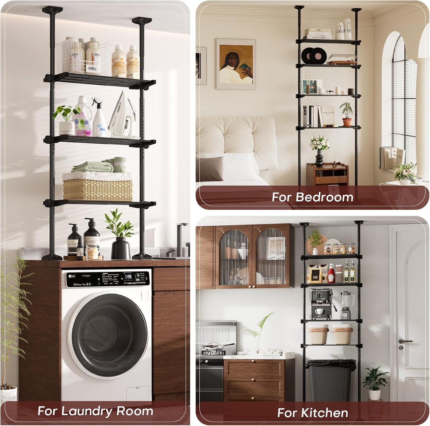 over the Toilet Storage Shelf, 4 Tier Bathroom Organizer Shelves with 64-124Inch(H) 15-27Inch(W) Adjustable No Drilling Tension Mounting, Black Space Saver Bathroom Shelf Rack above Toilet