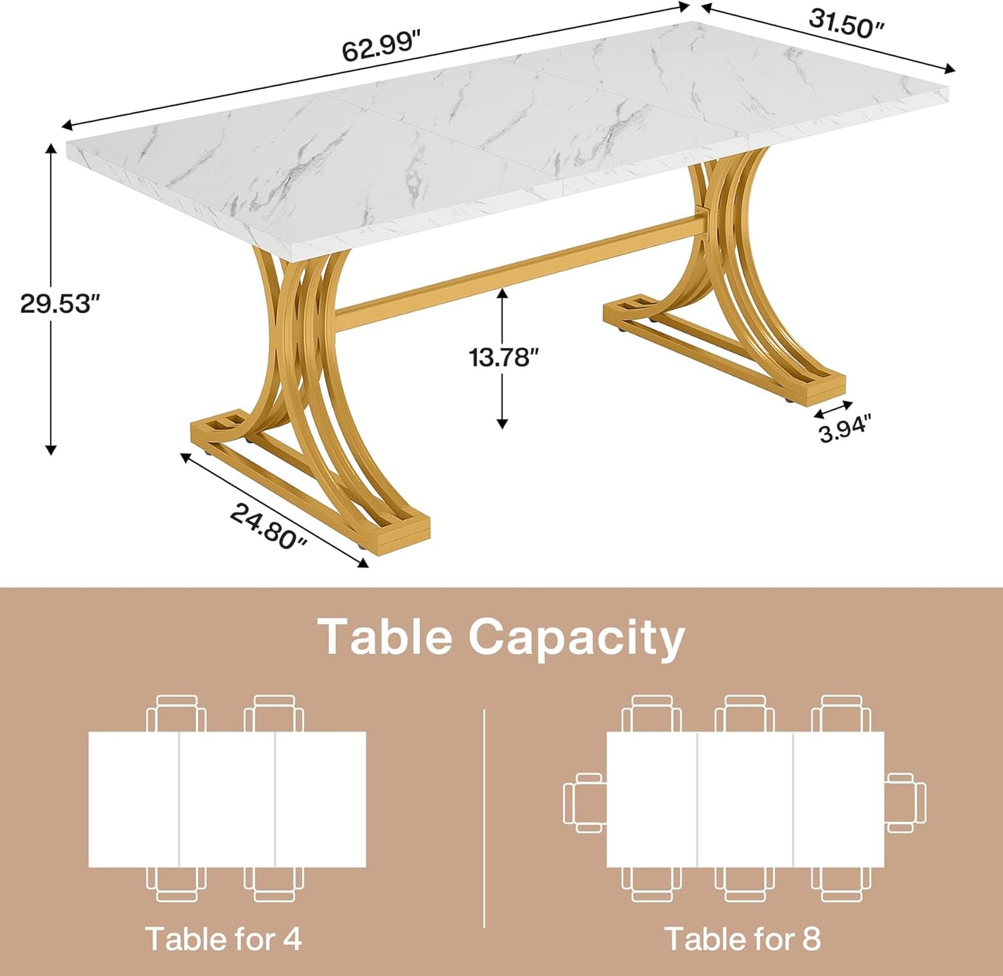 63-Inch Rectangular Dining Table for 4 to 6, Modern Kitchen Table with Stylish Metal Trestle Legs, Large Dinner Table for Dining Room, Chair Not Included (White+Gold)