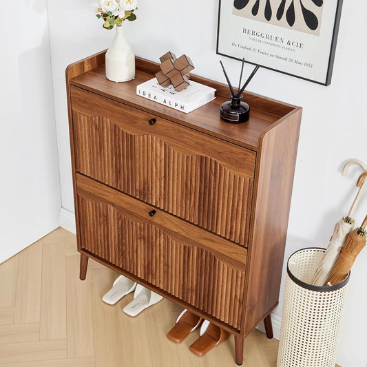 31.5" Fluted Shoe Storage Cabinet with 2 Flip Drawers, Narrow Shoe Storage Organizer Rack with Wave Door for Entryway, Hallway, Living Room