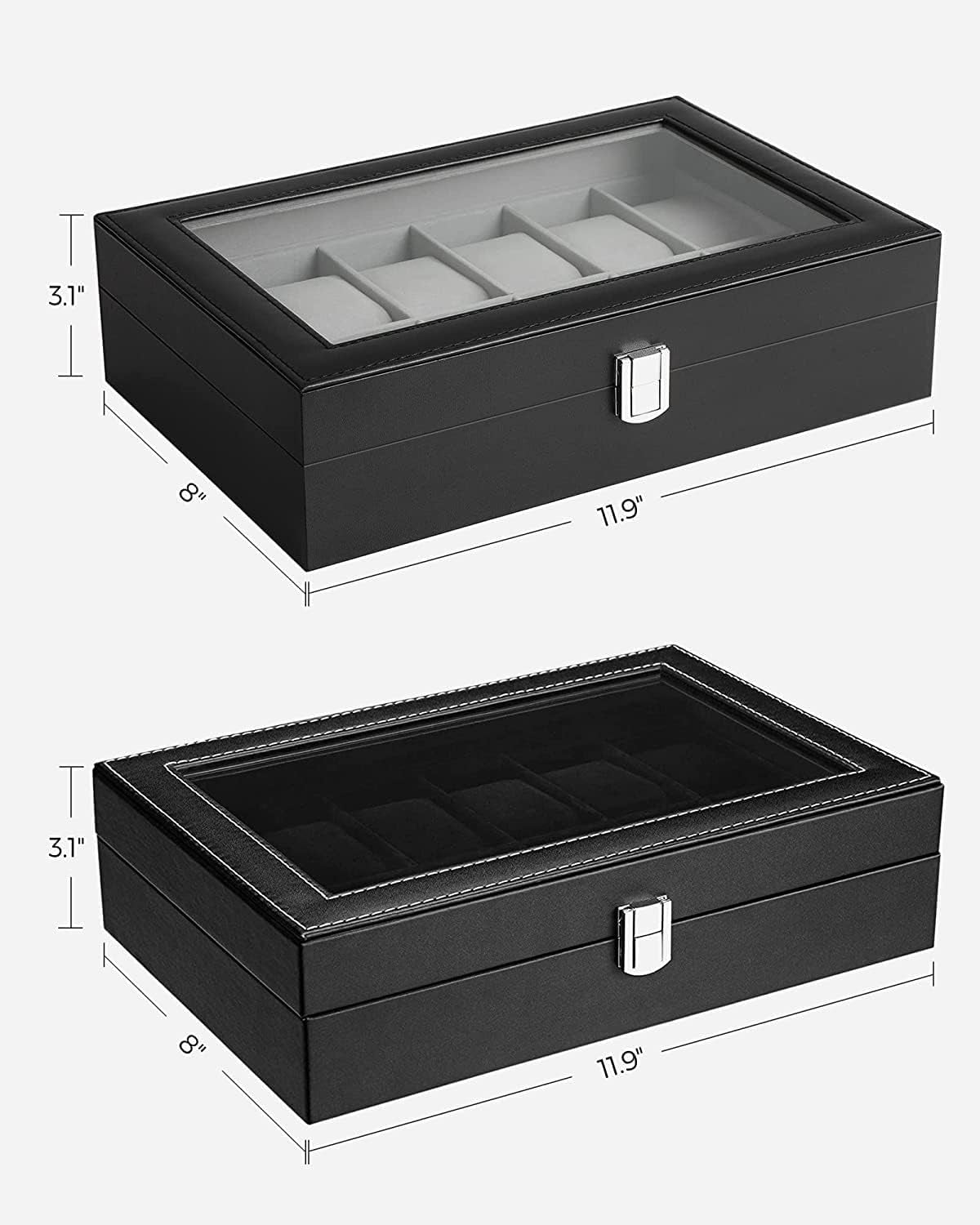Watch Box Bundle, 12-Slot Watch Case with Glass Lid, Watch Holder with Removable Watch Pillow, Velvet Lining, Metal Clasp, Watch Display, Black UJWB12BK and UJWB012B01