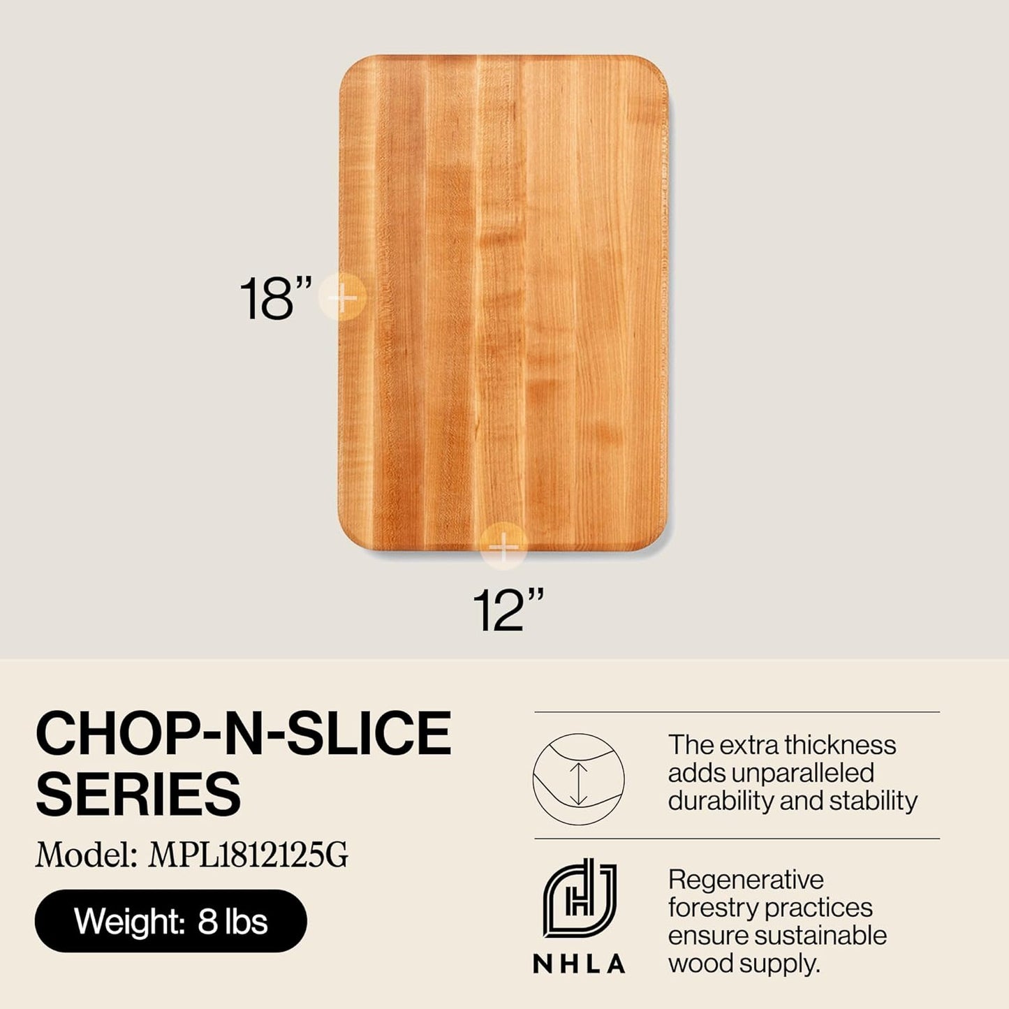 Chop-N-Slice Series Rectangular Wooden Maple Cutting Board 18”X12” – 1.25” Thick, 8-Lb Reversible Butcher Block with Eased Corners, Edge-Grain & Finger Grips – Made in the USA
