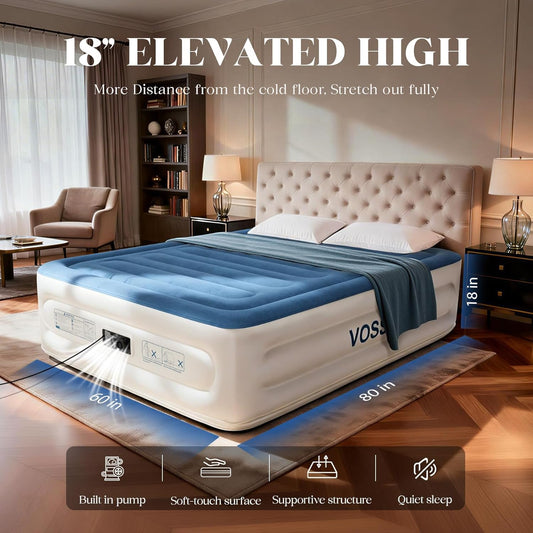 Queen Air Mattress with Built-In Pump,18'' Raised Blow up Mattress, Leak-Proof Air Bed with Storage Bag, Flocked Top Inflatable Mattress for Home, Camping & Guests, I-Beam, Colchon Inflable