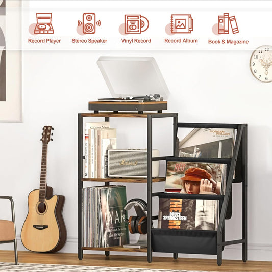Stereo Record Player Stand with Vinyl Storage for 200 Albums, Turntable Display Shelf, Black