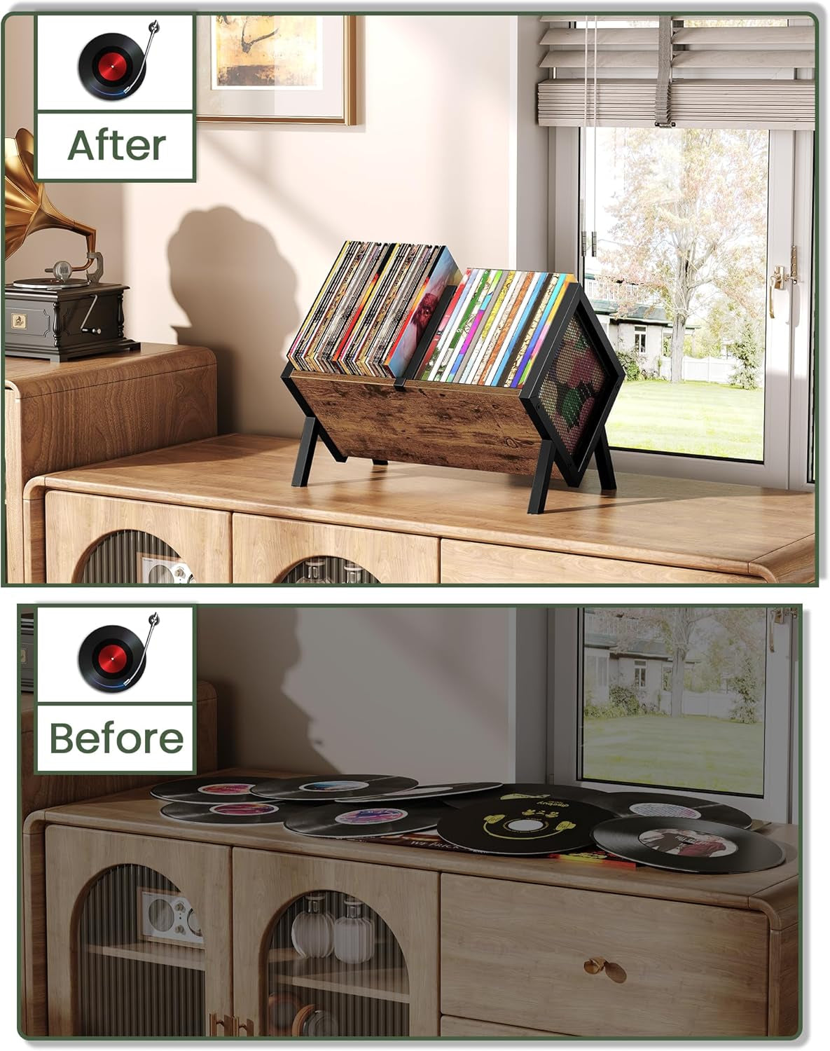Vinyl Record Holder, Vinyl Record Storage Rack, Album Display Rack, Versatile Storage Shelf, Album Organizer, for Magazine, Files, Book, Rustic Brown Black TCW01BF