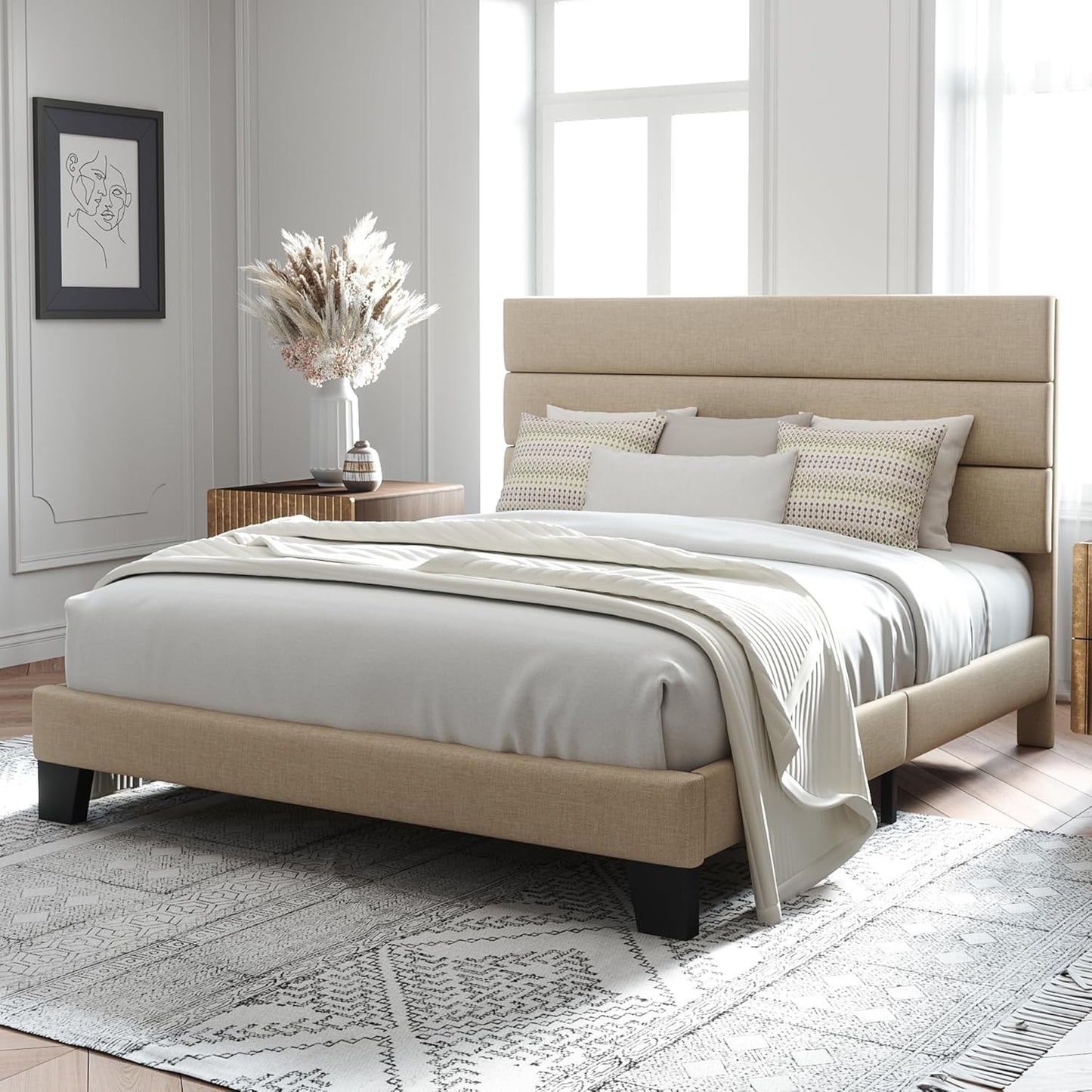 Queen Size Platform Bed Frame with Fabric Upholstered Headboard and Wooden Slats Support, Fully Upholstered Mattress Foundation/No Box Spring Needed/Easy Assembly, Beige
