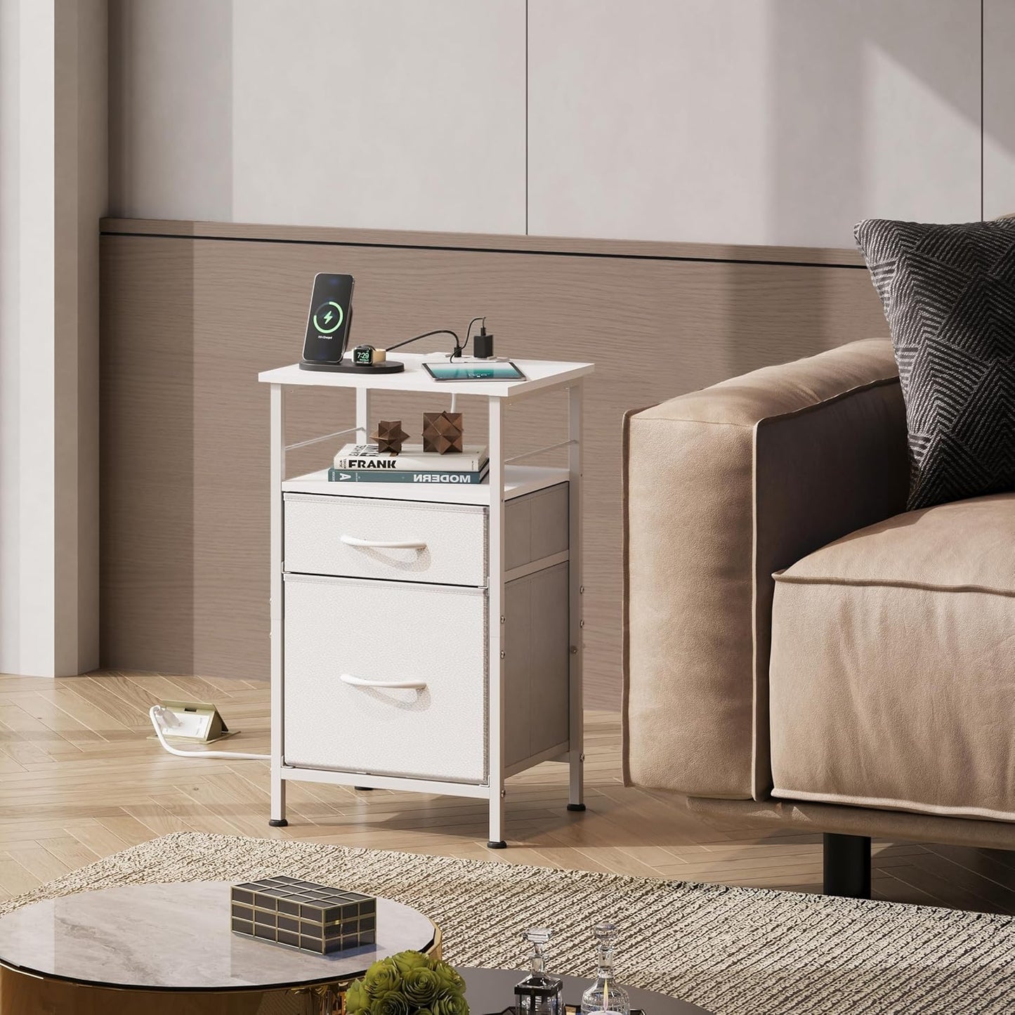 Night Stand Set 2, White Nightstand with Charging Station, Nightstands for Bedroom Set of 2, Bedside Tables, Side Table with 2 Fabric Drawers, Small Dresser with USB Ports and Outlets