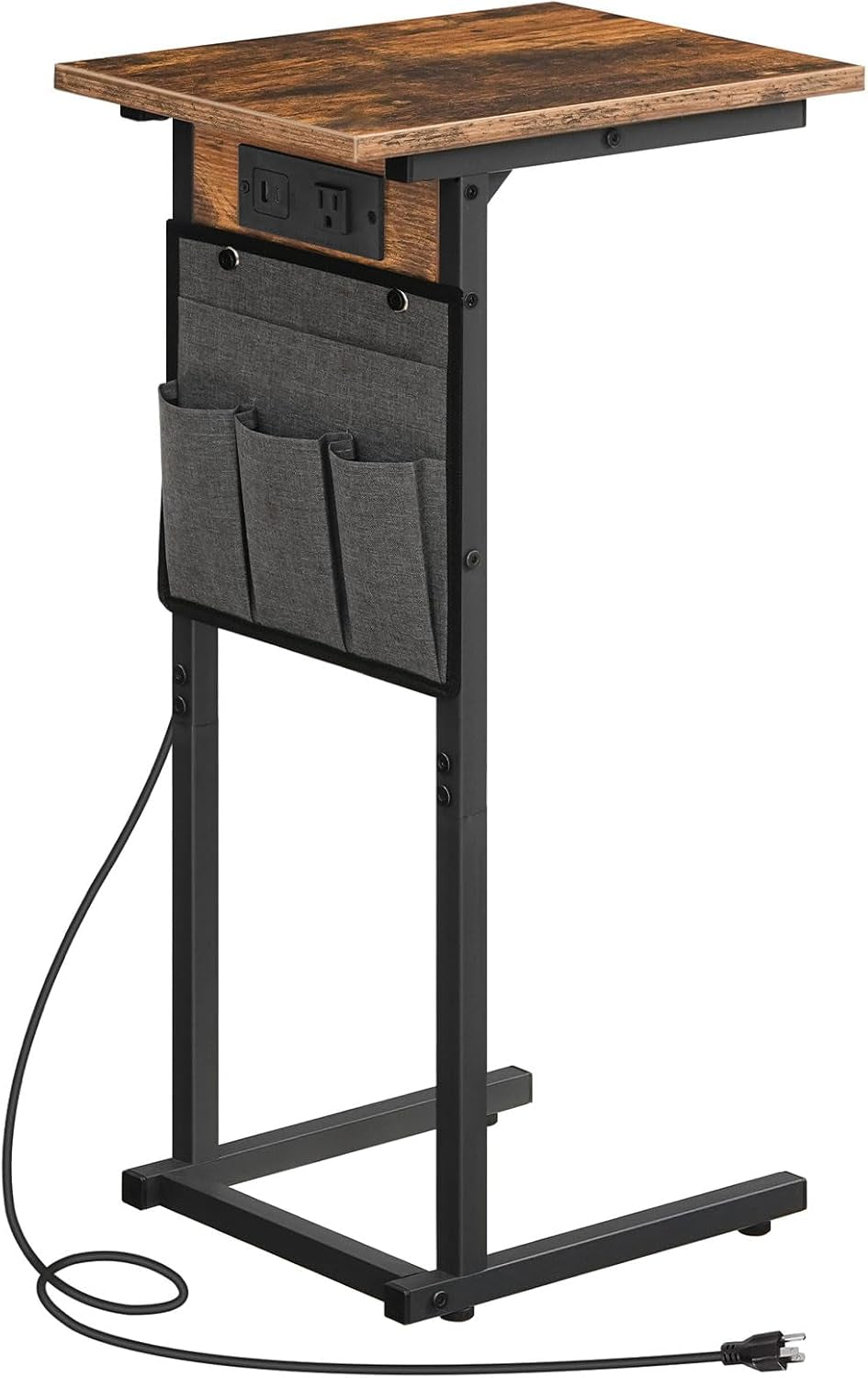C Shaped Side Table with Charging Station, Slide under Couch Table, 27.8" Tall Side Table for Sofa Arm with Fabric Storage Pocket, for Living Room, Bedroom, Rustic Brown BF73USF01