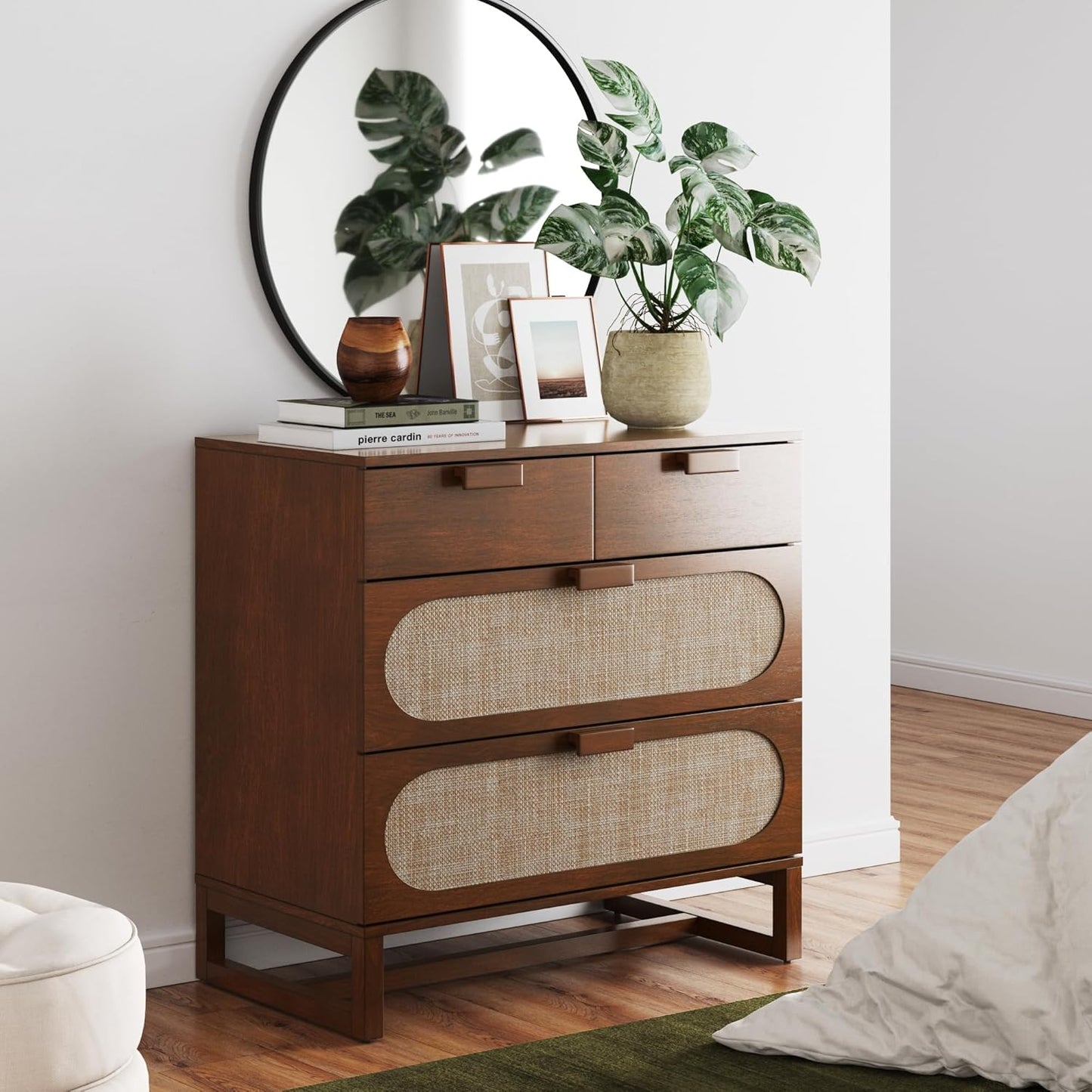 Paxton Mid-Century Modern Dresser for Bedroom, 3-Drawer Dresser with Solid Wood Frame and Textilene Rattan Accent, Dark Walnut