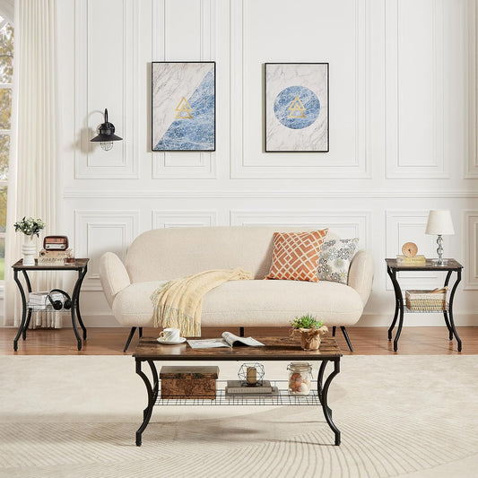 3 Pieces Living Room Table Sets, Coffee and End Tables with Open Storage Shelves for Apartment, Home Office, Small Space, Easy Assembly, Brown
