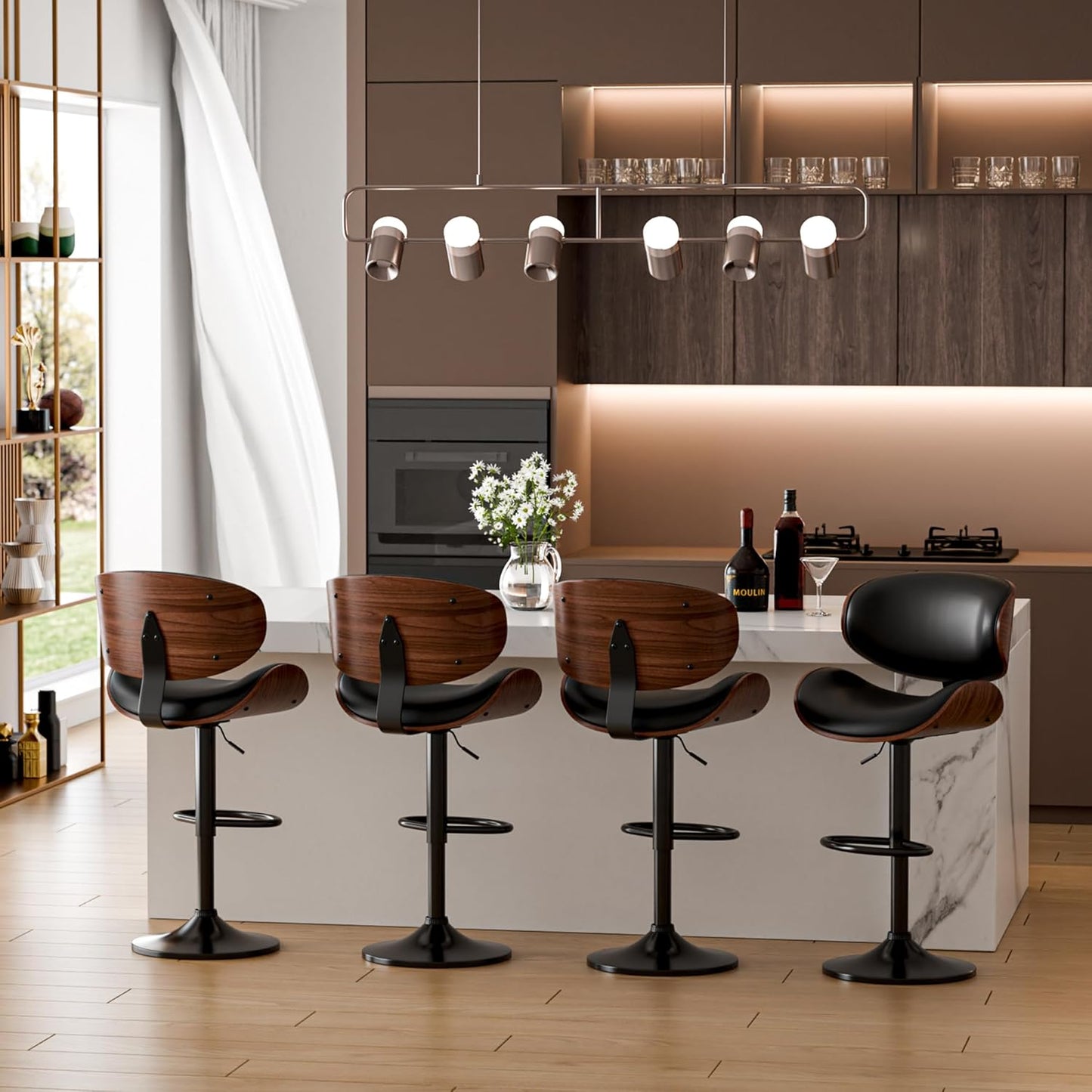 Bar Stools Set of 2, Adjustable Swivel Leather Bar Stools for Kitchen Island, Mid Century Modern Counter Height Bar Chairs Barstools with Back & Footrest (Black)