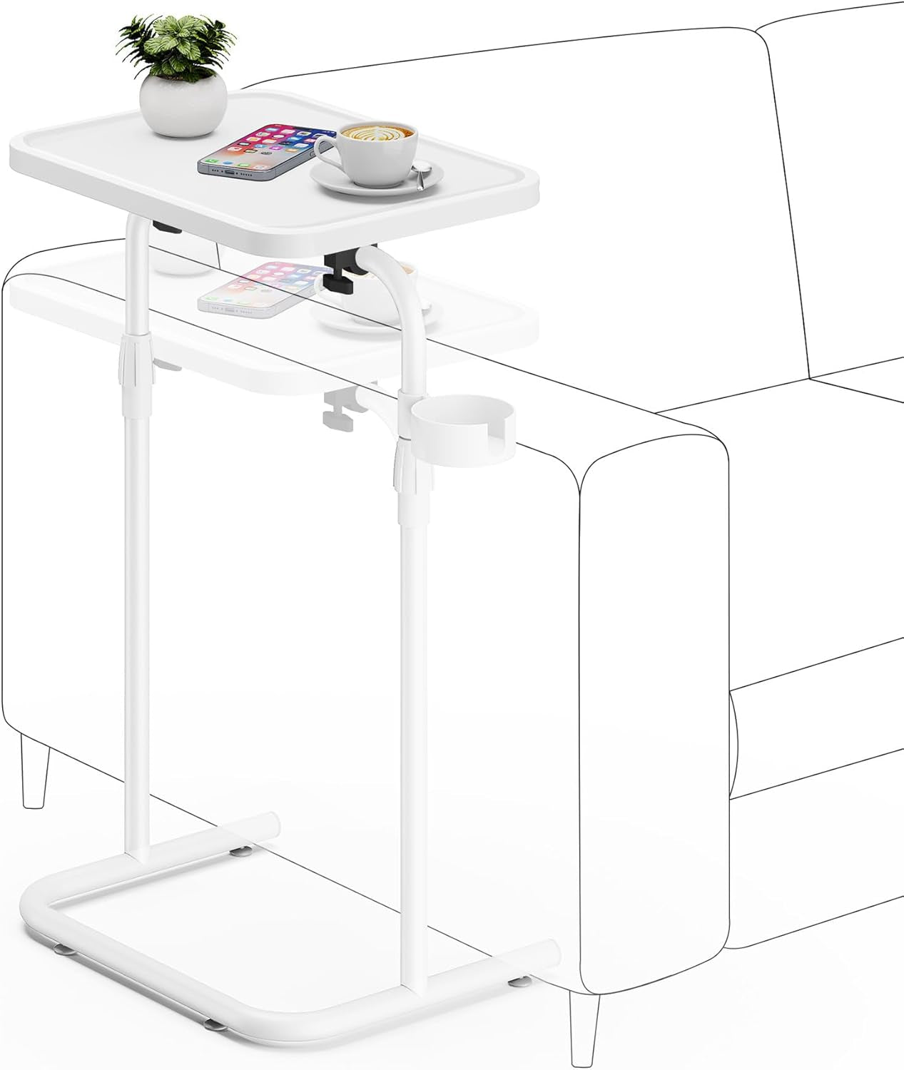 C Shaped End Table with Tiltable Surface, Adjustable Height Side Table, Slide under Couch Table TV Tray for Eating, Sofa Tray for Livingroom, Bedroom White TB01BW091