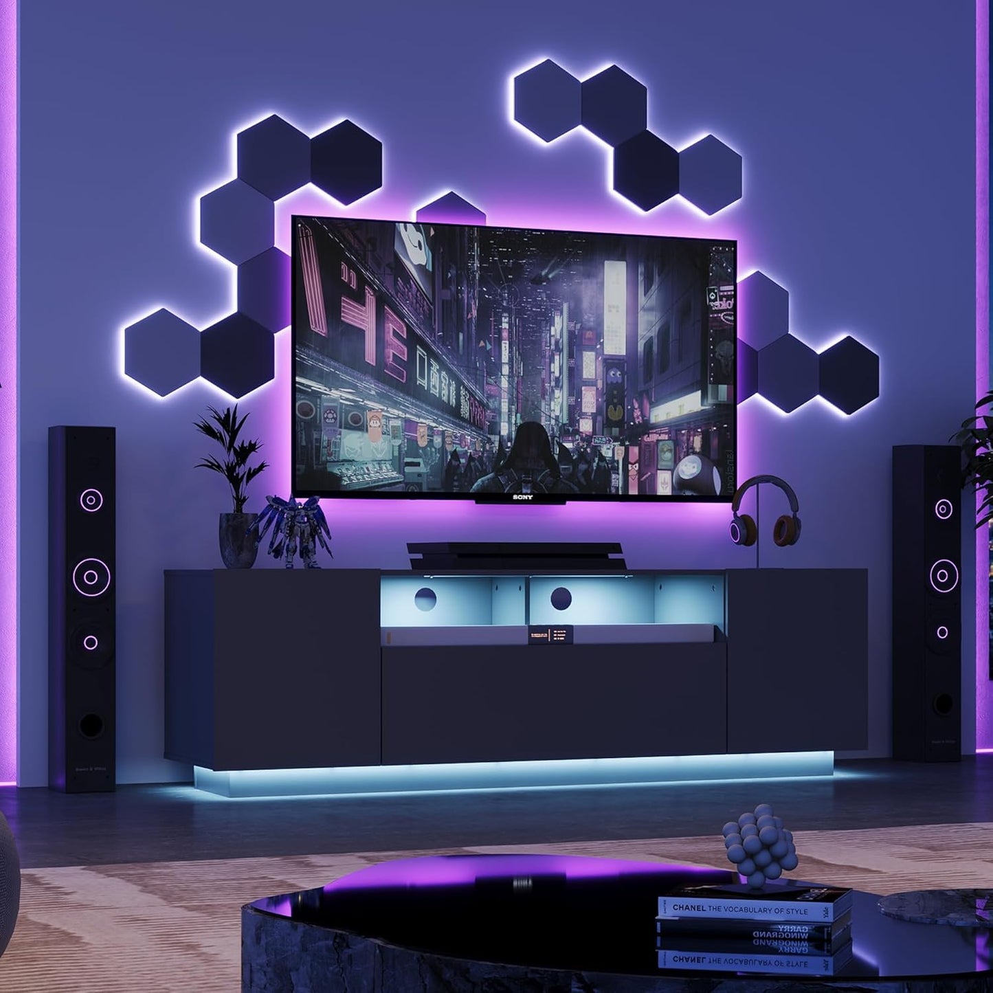 Modern TV Stand for 65 Inch TV, Entertainment Center with LED Lights & Large Storage Cabinets, Sturdy Media Console for Living Room, Bedroom, Gaming(Black)