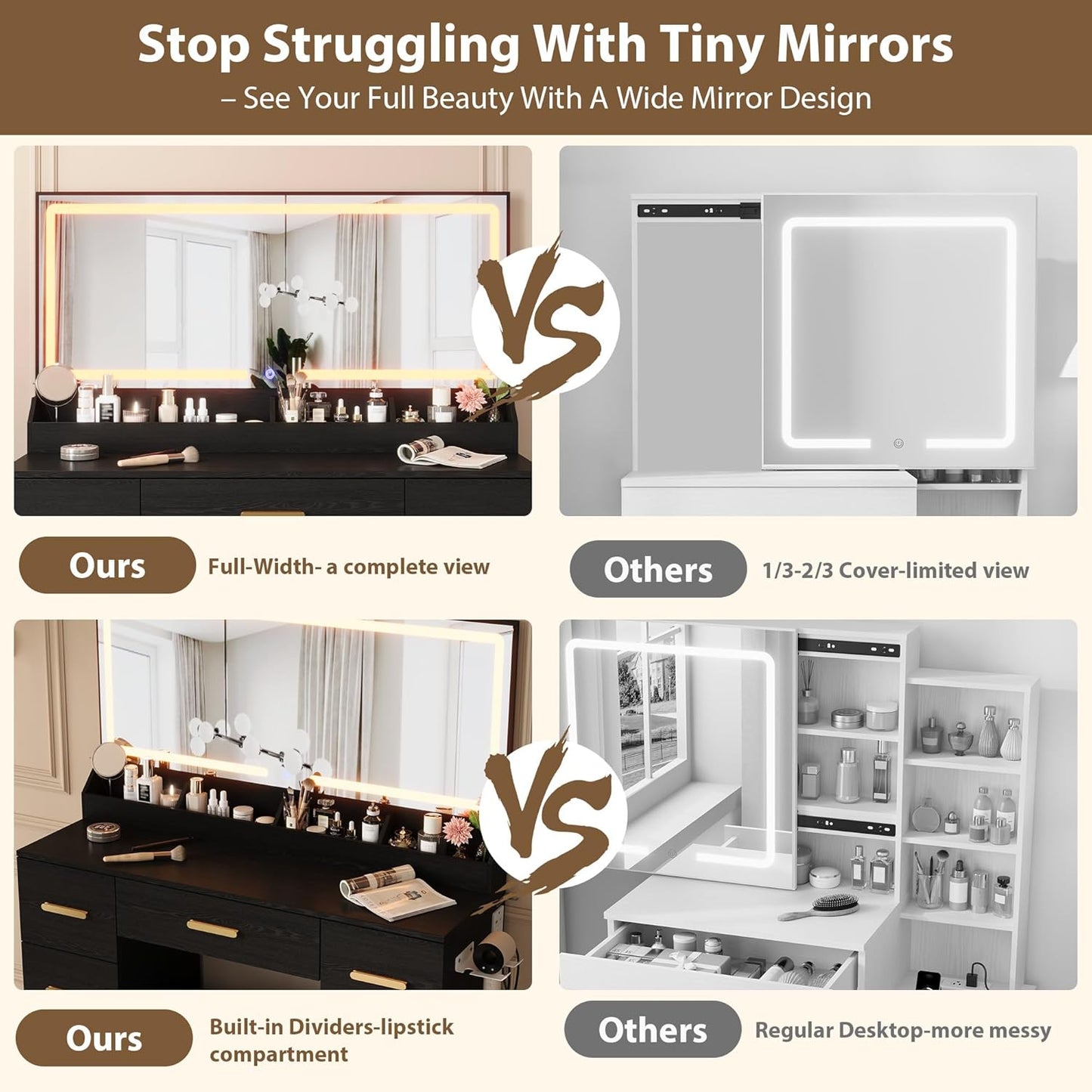 Vanity Desk with Large Mirror and Lights, 45.9In Makeup Vanity Desk, 3 Lighting Modes Adjustable Brightness, Vanity Table with Power Outlet &8 Drawers, for Powder Room and Bedroom