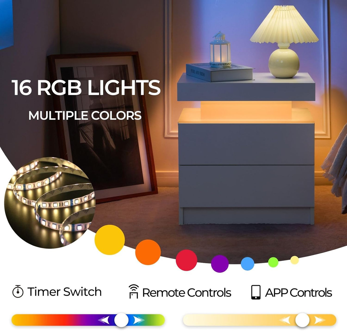 Nightstand Set of 2 LED Nightstand with 2 Drawers,Night Stand Set 2 with LED Light,Bedside Table with Drawers for Bedroom,White