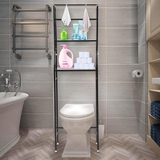 3-Tier over the Toilet Storage, Freestanding Bathroom Shelf with 4 Hooks, over Toilet Wire Shelving for Bathroom Storage, Black