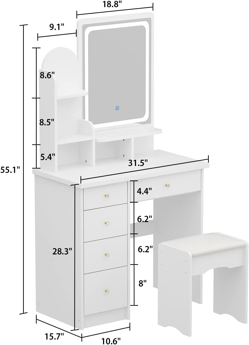 Vanity Set with Rectangular Mirror, Makeup Vanity Dressing Table with 5 Drawers, Shelves, Dresser Desk and Cushioned Stool Set (B White/Lighted Mirror)