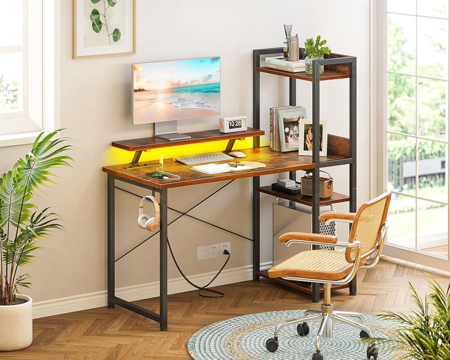 Reversible Gaming Desk with Power Outlets and LED Lights, 48 Inch Computer Desk with Storage Shelves and Monitor Stand, Modern Writing Study Desk for Home Office, Rustic Brown