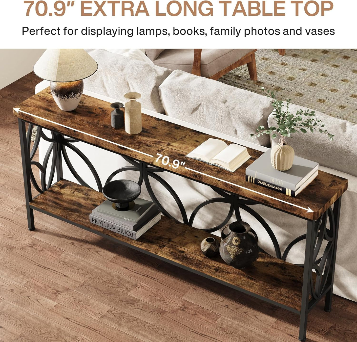 70.9-Inch Narrow Sofa Table, Industrial Long Sofa Table behind Couch, Entry Console Table with Storage for Entryway, Living Room, Foyer, Unique Design, Rustic Brown