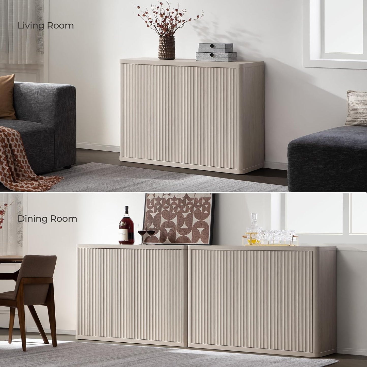 Buffet Cabinet with Storage Accent Sideboard with 3 Doors Modern 46.6" Wide Credenza Fluted Buffet Table Media Console Cabinet Entryway Cabinets for Living Room Kitchen Dining Room Hallway