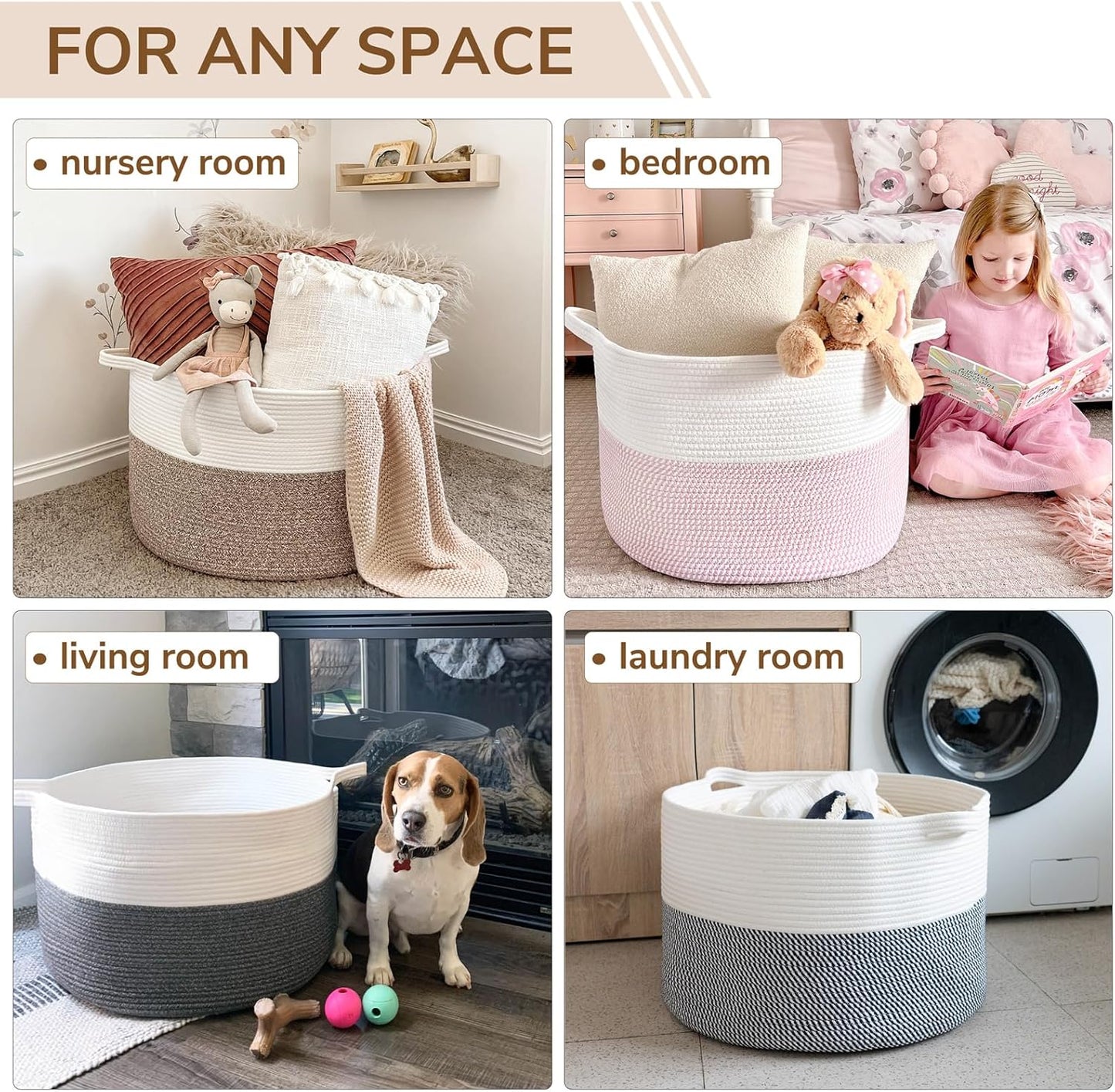 Xxxlarge Blanket Basket for Living Room 21.7" X 21.7" X 13.8"-Storage Basket with Handle for Organizing Toy Pillows Woven Cotton Rope Laundry Basket Stuffed Animal Toy Storage for Play Room