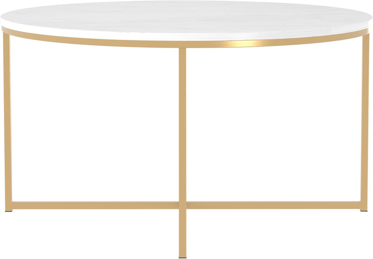 Modern Glam round Accent Faux White Marble Coffee Table with Gold X-Base, 36 Inch