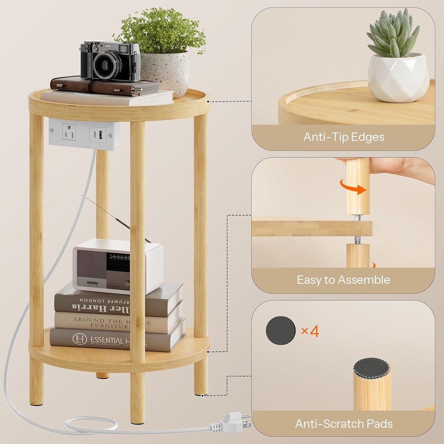 Set of 2 Small round Side Tables with Charging Station, 2-Tier round Bamboo End Tables, Easy Assembly, for Living Room, Bedroom, Apartment, Mocha MA156UBZP201