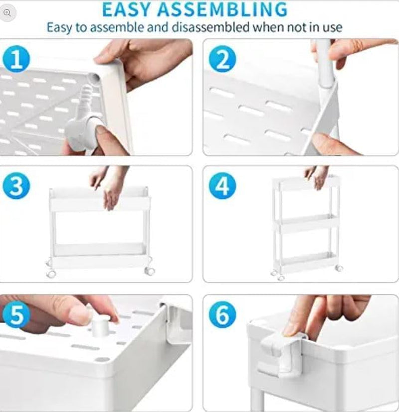 Storage Rolling Cart, 3 Tier Laundry Room Organization Utility Cart Bathroom Organizer Mobile Shelving Unit Shelves Multi-Functional Trolley, White