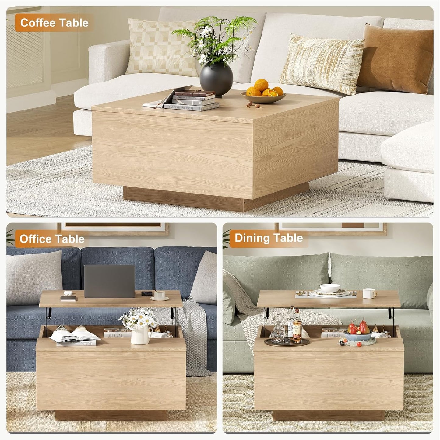 Lift Top Coffee Table, Wood Square Coffee Table with Storage, Farmhouse Coffee Tables with Hidden Storage Compartment, Center Table with Lifting Tabletop for Living Room, Home Office, Natural