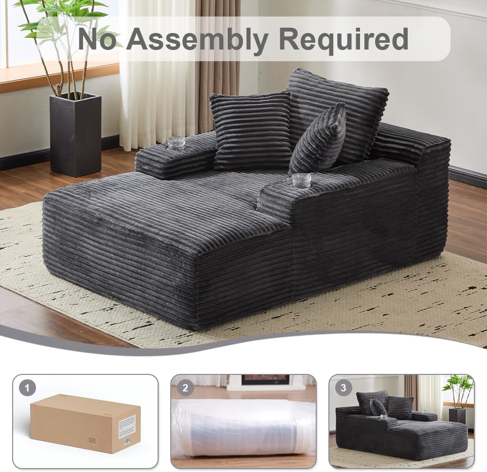 66" Oversized Chaise Lounge Sofa Chair Indoor, Modern Corduroy Single Sleeper Couch Chair with 3 Soft Pillows&Cup Holder, Boneless Cloud Couch Single Seat Sofa Bed for Living Room Office (Dark Grey)