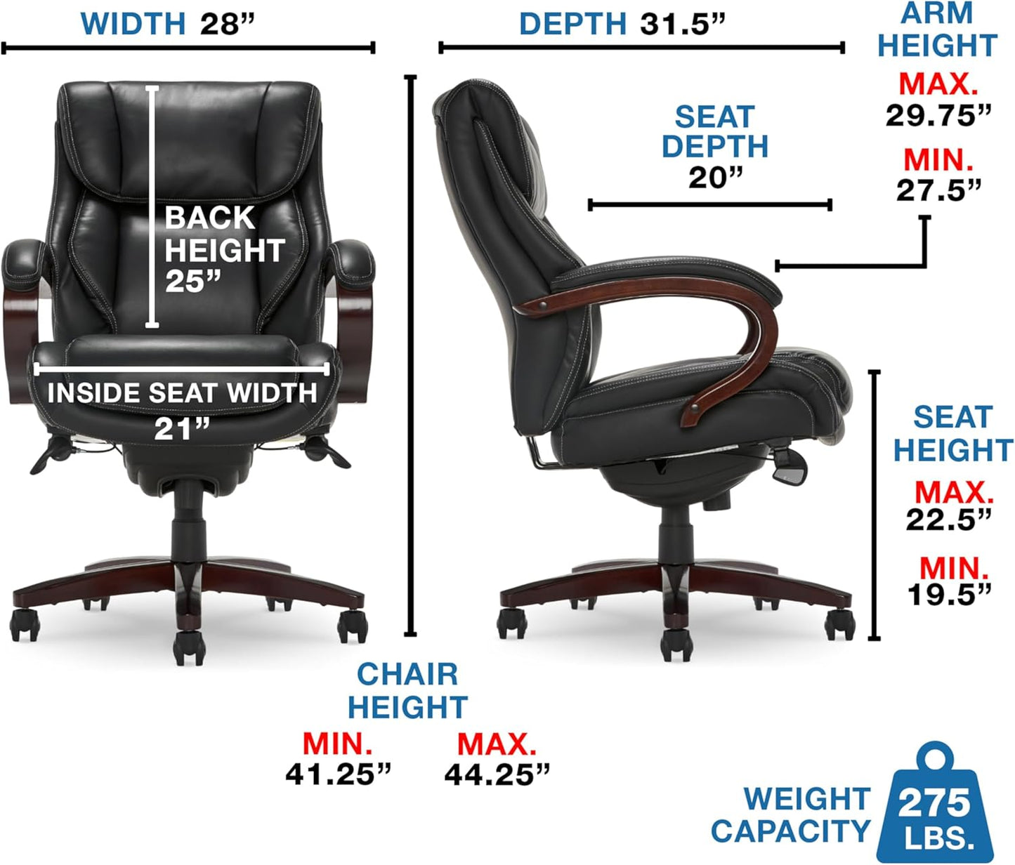 ® Bellamy Executive Office Chair with Memory Foam Cushions, Real Wood Arms and Swivel Base, Waterfall Seat Edge, Faux Bonded Leather, Black