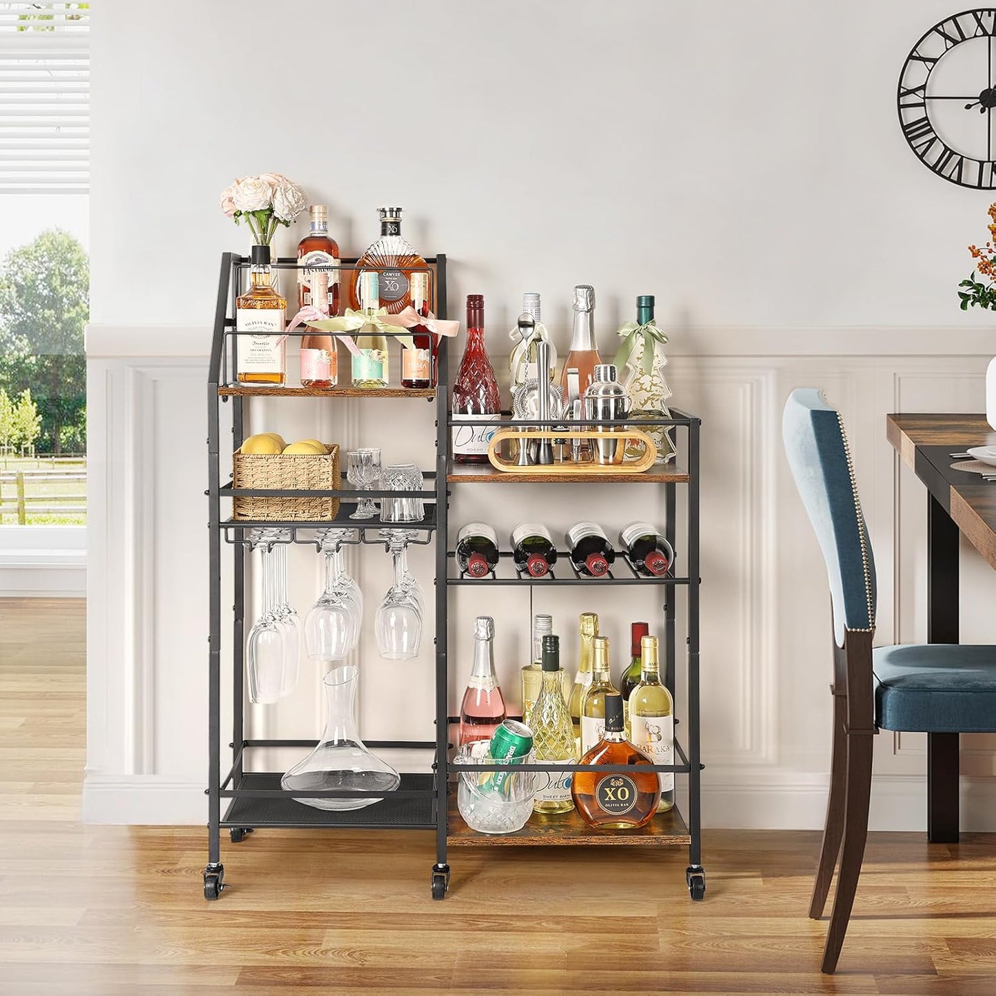 Rolling Bar Cart with Wine Glass Holder, Mini Bar for Whiskey Wine, Liquor Cart for Home, Alcohol Cabinet for Kitchen, Dining Room