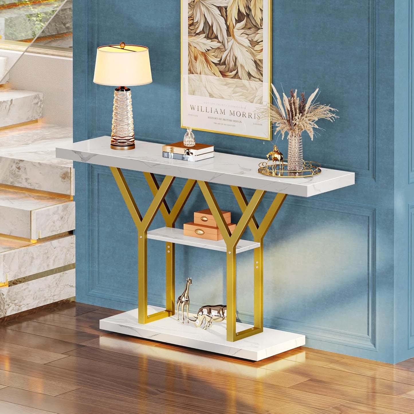 47.2 Inch Entryway Table with Marble Top, Industrial Console Sofa Table, 3 Tier Accent Table, for Entry, Hallway, Entrance, Foyer, Y-Shaped Metal Base, White Marble & Gold