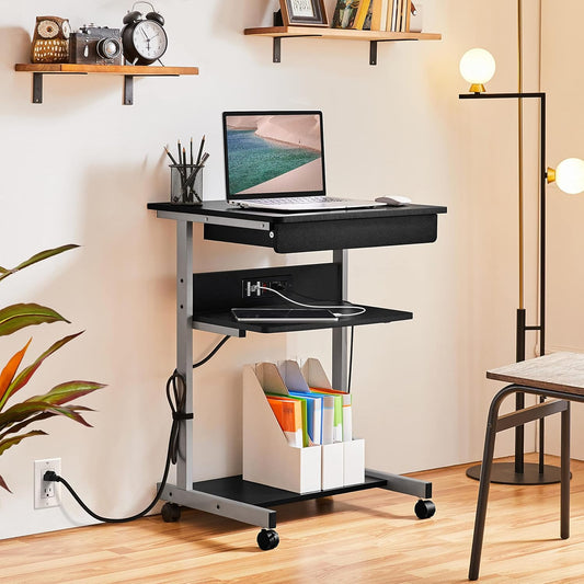 22 in Laptop Computer Table Home Office Desk with Power Outlet for Small Space, Mobile Compact Corner Workstation with Charging Station and USB Ports on Wheels, Student Writing Table, Black