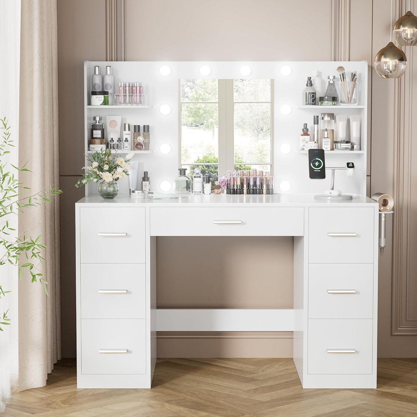 Vanity Desk with Mirror, Power Outlet and 10 Lights, Makeup Table with 7 Drawers, 3 Color Modes Available for Bedroom, Pure White
