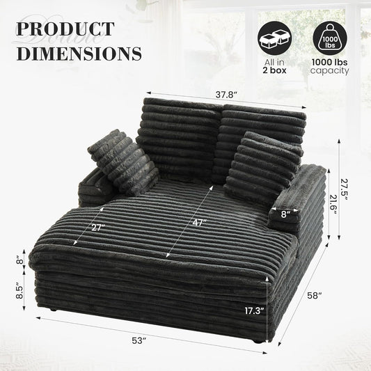 58" Oversized Chaise Lounge Chair, Fluffy Cozy Sleep Couch with 4 Striped Faux Fur Throw Pillow, Modern Full Size Sofa Bed Couch for Living Room, Bedroom, Playroom, Dark Grey