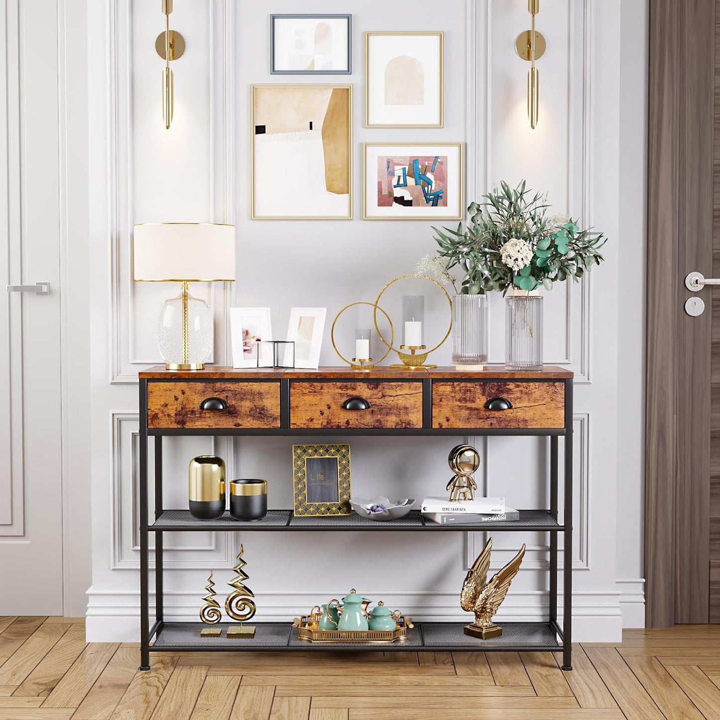 White Entryway Table, 38'' Console Sofa Table with 3 Fabric Drawers, Industrial Entry Way Table with Storage Shelves, Display Shelf for Living Room, Hallway, Entrance, Foyer