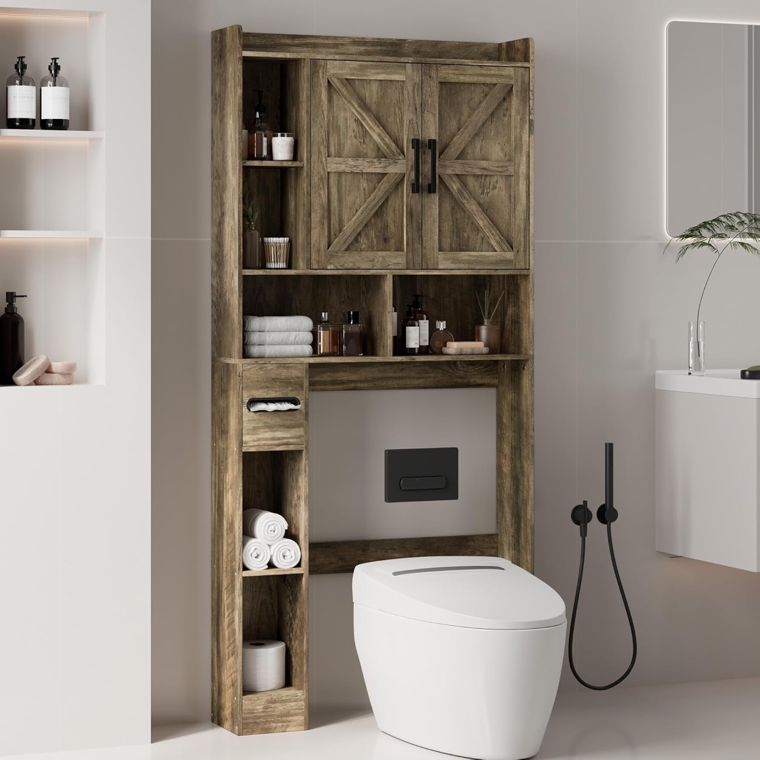 Over the Toilet Storage Cabinet, Tall Bathroom Cabinet Organizer with Adjustable Shelves and Toilet Paper Holder, 32" W Farmhouse Storage Cabinet with 2 Barn Doors for Laundry, Restroom, Grey