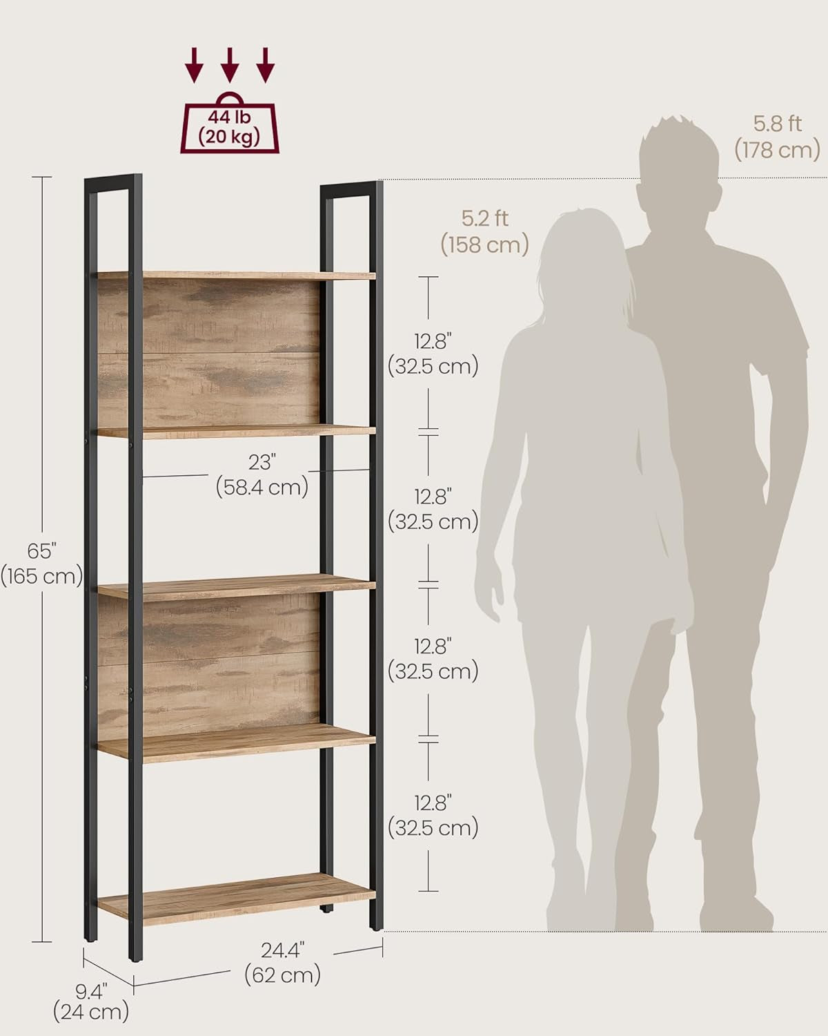 5-Tier Bookshelf and Computer Desk, Industrial Home Office Furniture Bundle, Steel Frame