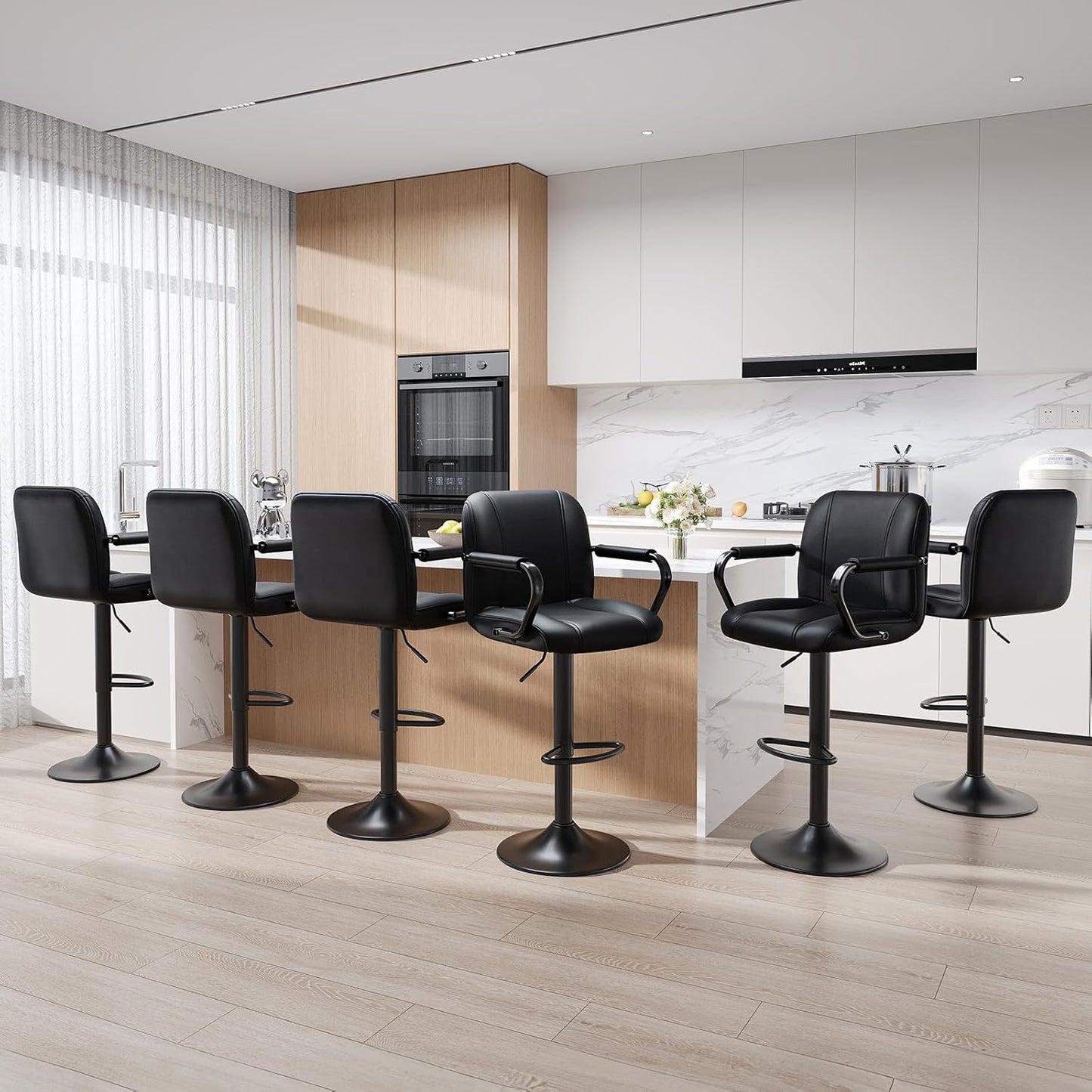 Set of 2 Modern Bar Stools with Backs - Adjustable High Chairs for Kitchen Island, Barstools for Home Bar, Island Stools, Sillas Altas Para Barra De Cocina, Black PU Leather