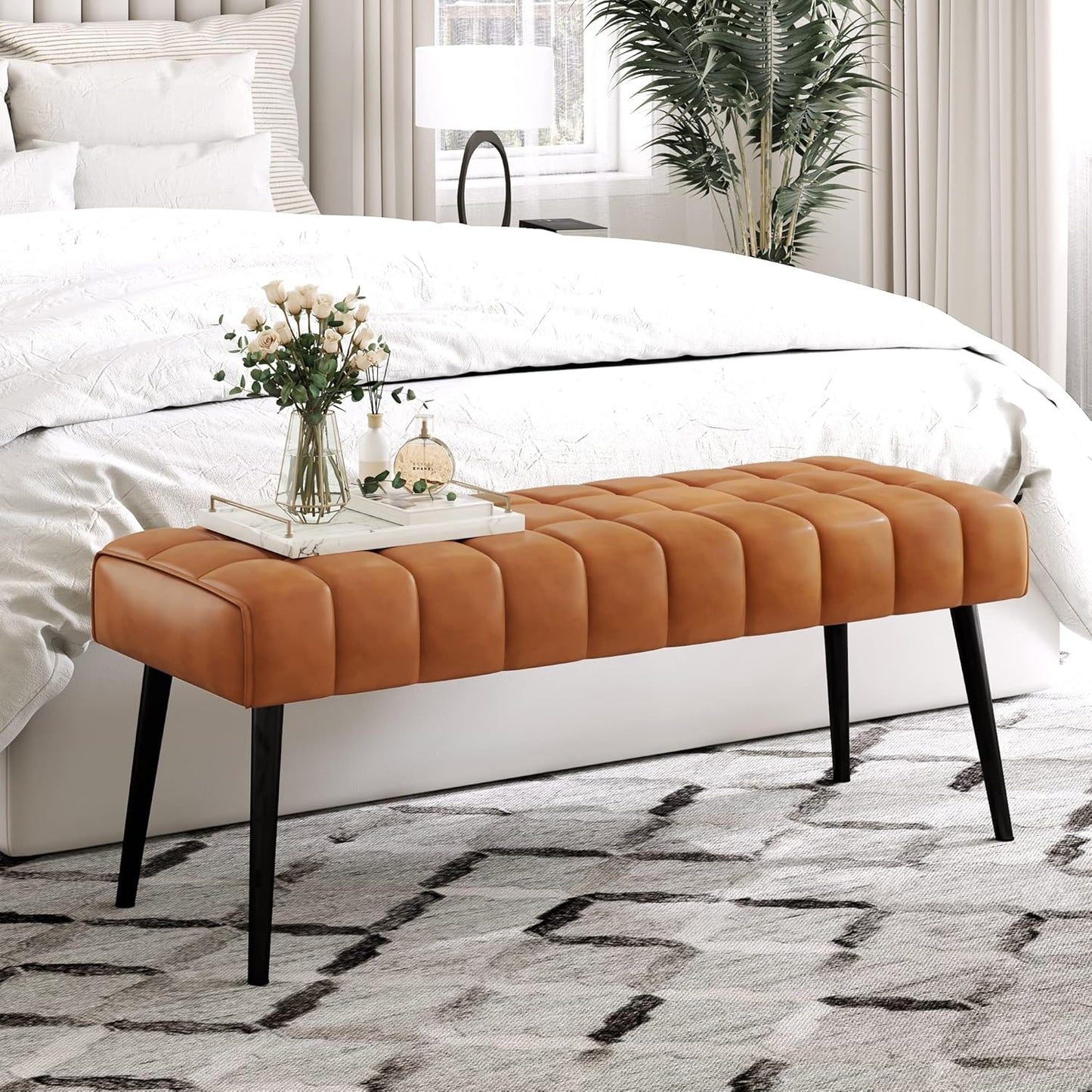Entryway Bench, 44.5'' Leather Upholstered Bedroom Benches, End of Bed Bench with Metal Legs, Living Room, Dining Room, Whiskey Brown