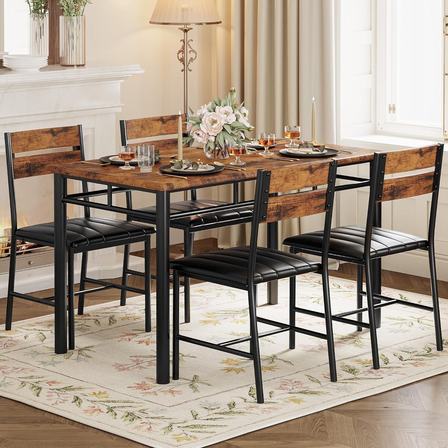 Dining Table Set for 4, Wood Kitchen Table with Upholstered Chairs for Kitchen Room and Small Spaces, Rustic Brown