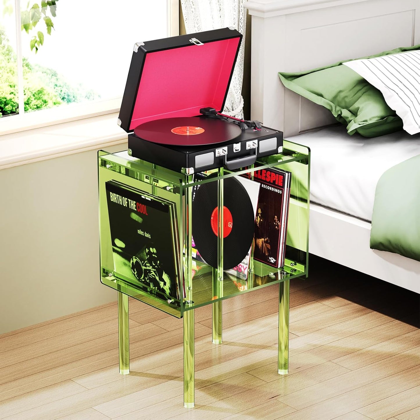 Acrylic Record Player Stand, with Vinyl Storage, Clear Acrylic Side Table, Pink (Green)
