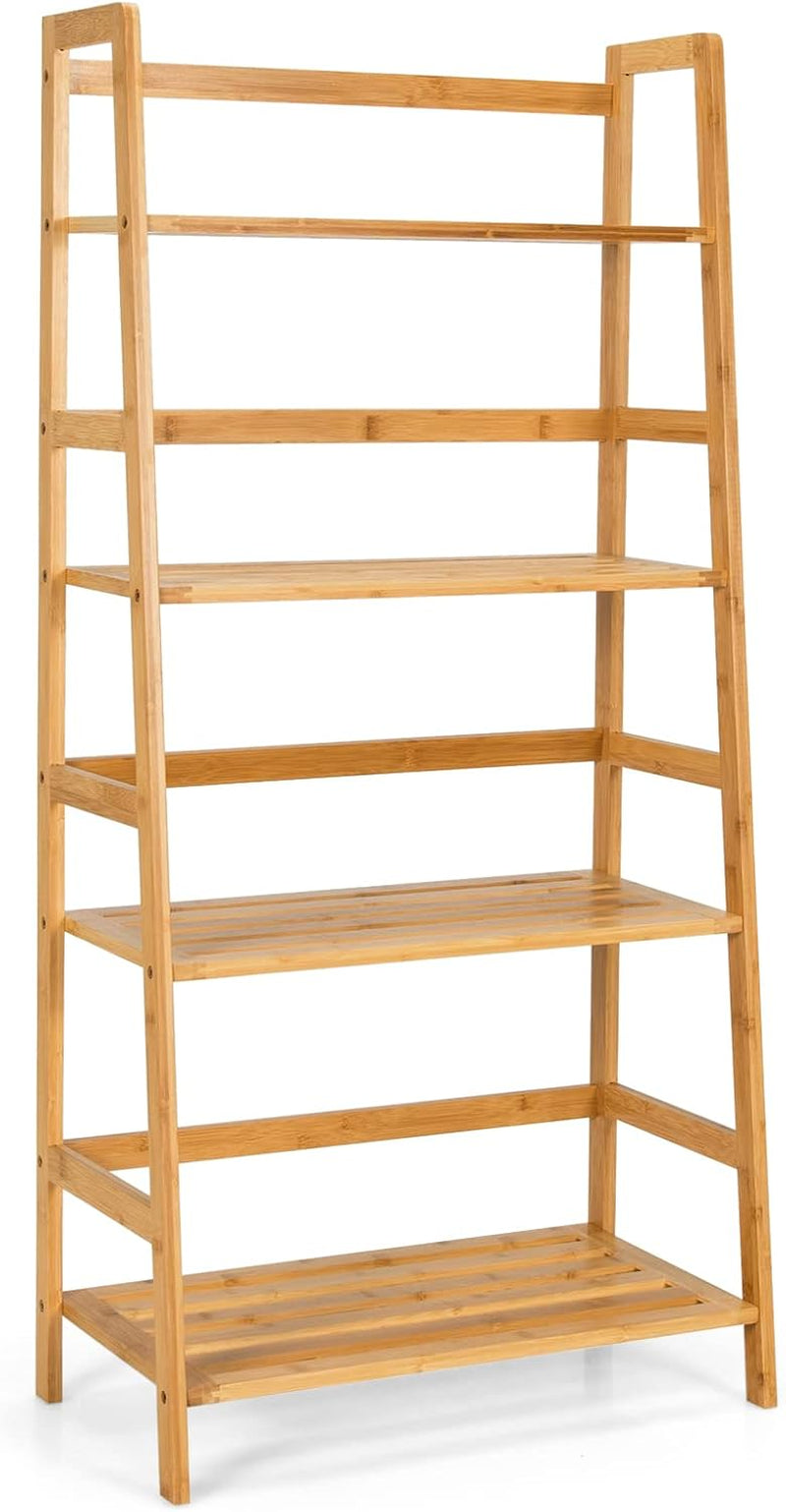 Ladder Shelf, 4 Tier Bamboo Ladder Bookshelf, 48’’ Tall Freestanding Bookcase Storage Rack Plant Stand for Living Room, Balcony, Office, Bedroom, Farmhouse Wooden Ladder Bookshelf, Natural