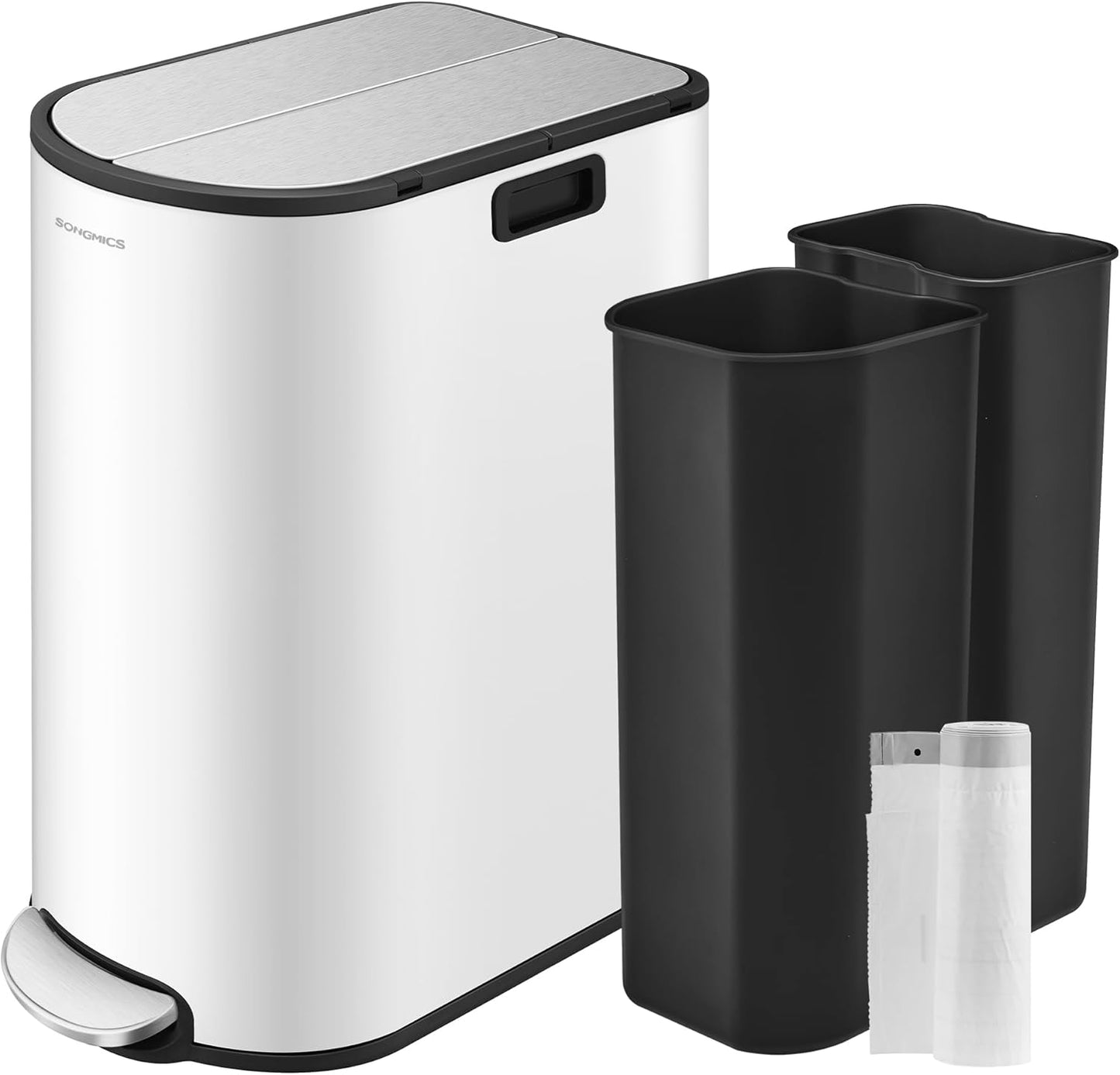 13-Gallon Dual Kitchen Trash Can, 5.3 and 8 Gallon Compartments, Garbage Can with Wing Lids, Stainless Steel, Soft Close, Inner Buckets, Metallic Silver ULTB570E50