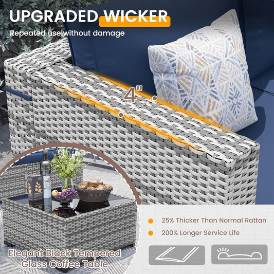 Patio Furniture Set, 7 Pieces PE Wicker Sectional Sofa with Tea Table, Outdoor Conversation Set for Patio, Garden, Backyard (Blue Cushions with Grey Rattan)