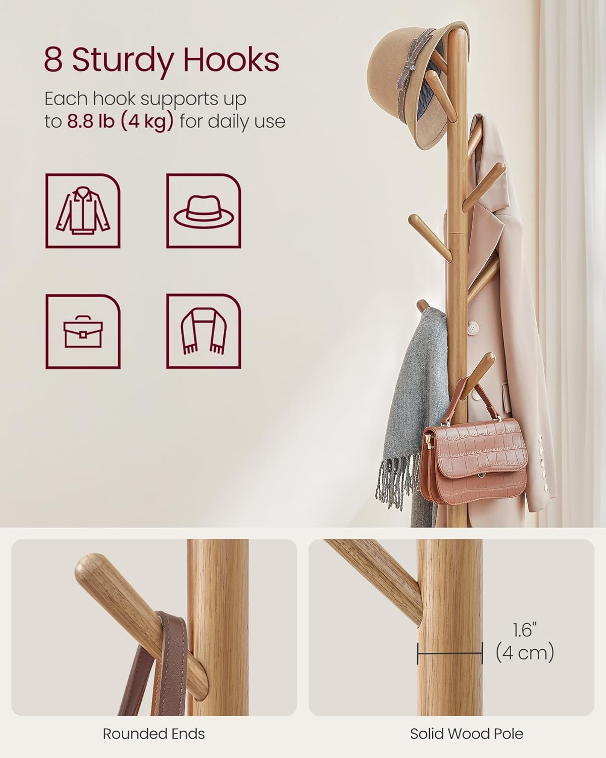 Coat Rack, Free Standing Coat Stand, Hall Coat Tree with 8 Hooks and Storage Shelf, 67.2 Inch Tall, for Coats, Hats, Bags, for Entryway, Hallway, Bedroom, Natural Beige URCR040N02