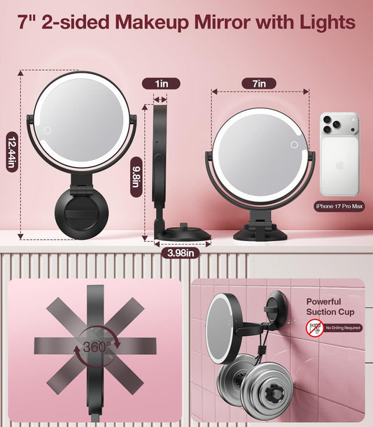 Suction Cup Magnifying Mirror with Light 10X, Wall Mounted Makeup Mirror with Suction Cup for Bathroom, 3 Color Lights and Adjustable Brightness, 2 in 1 Tabletop for Desk - Black